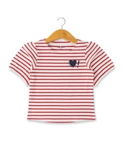 Marinière Rouge Fille Manches Ballon Avec Motif Coeur