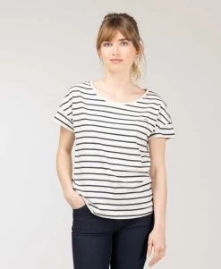 Marinière Manches Courtes Fond Grège Rayé Bleu Marine Femme