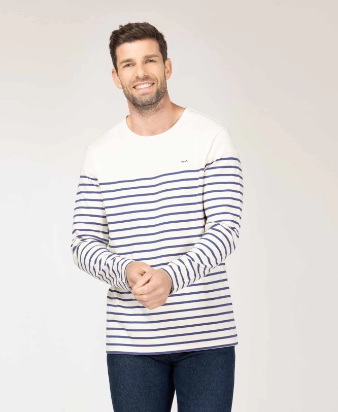 Marinière Homme Fond Grège Rayé Bleu 1 Marinière Homme Fond Grège Rayé Bleu