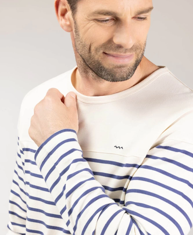 Marinière Homme Fond Grège Rayé Bleu 2 Marinière Homme Fond Grège Rayé Bleu – Image 2