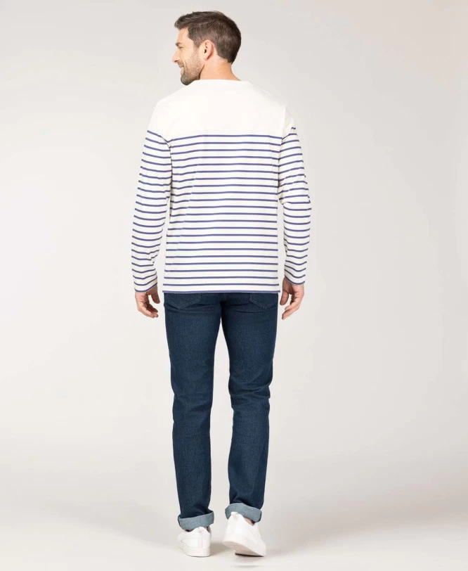 Marinière Homme Fond Grège Rayé Bleu 3 Marinière Homme Fond Grège Rayé Bleu – Image 3