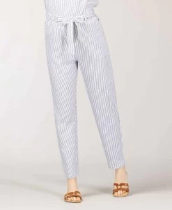 Pantalon 7/8ème Femme Rayé Blanc Et Bleu