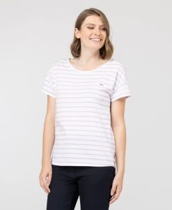 Marinière Manches Courtes Fond Blanc Rayé Violet Femme