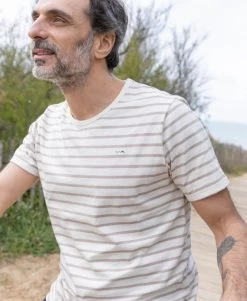 Marinière Homme Manches Courtes Fond Grège Rayé Jaune
