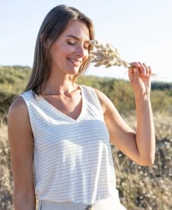 Débardeur Blanc Rayé Doré Femme