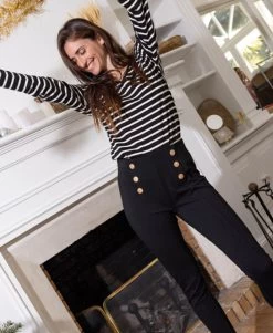 T-shirt Rayé Noir Femme Manches Longues Col V