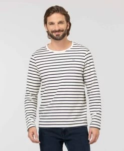 Marinière Manches Longues Fond Grège Rayé Bleu Marine Homme