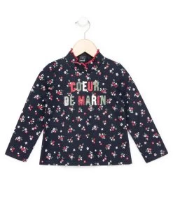 T-shirt Manches Longues Fille Fond Bleu Marine Avec Imprimé