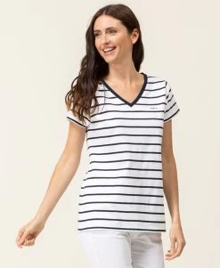 Marinière Manches Courtes Femme Fond Blanc Rayé Bleu Marine