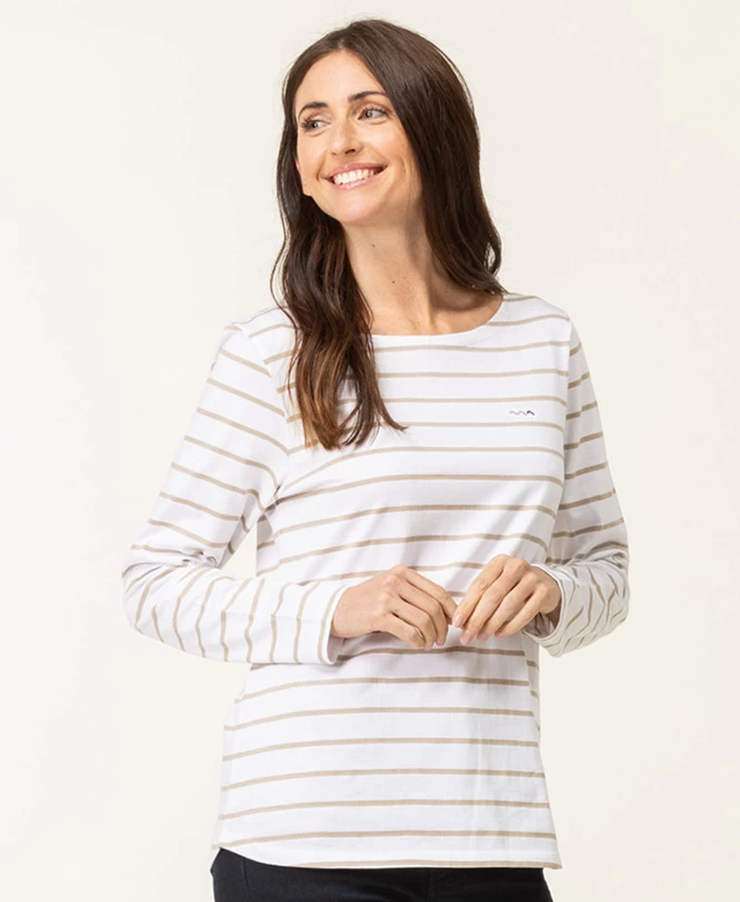 Marinière Manches Longues Femme Fond Blanc Rayé Beige 1 Marinière Manches Longues Femme Fond Blanc Rayé Beige