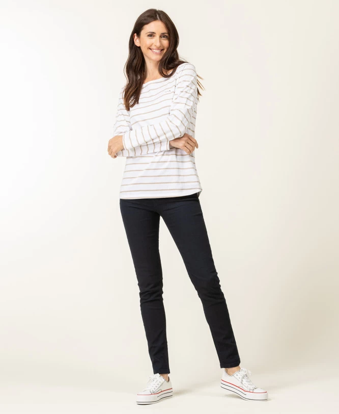 Marinière Manches Longues Femme Fond Blanc Rayé Beige 4 Marinière Manches Longues Femme Fond Blanc Rayé Beige – Image 4