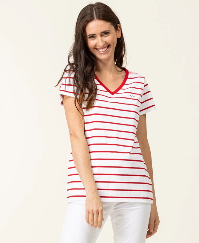 Marinière Manches Courtes Femme Fond Blanc Rayé Rouge 1 Marinière Manches Courtes Femme Fond Blanc Rayé Rouge