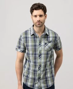 Chemise à Carreaux Manches Courtes Vert Olive Homme