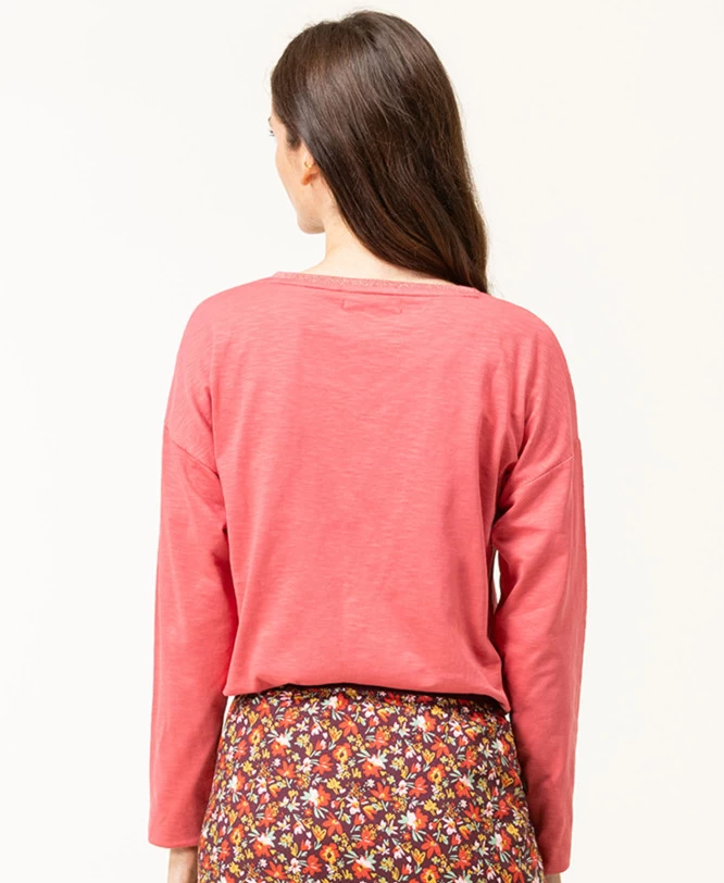 T-shirt Rose Manches Longues Col V Femme 2 T-shirt Rose Manches Longues Col V Femme – Image 2