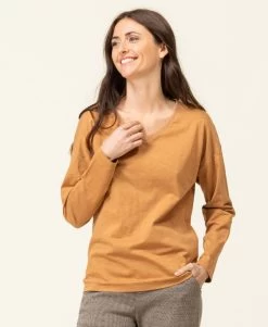 T-shirt Camel Femme Manches Longues Col V