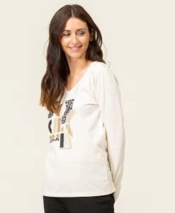 T-shirt Manches Longues Col V Imprimé Doré