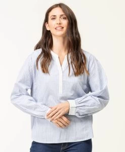 Blouse Bleu Rayée Manches Longues Femme