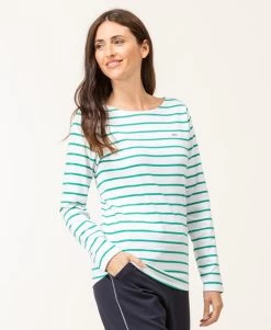 Marinière Manches Longues Femme Fond Blanc Rayé Vert