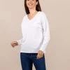 T-shirt Manches Longues Blanc Cassé Col V Femme