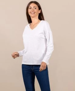 T-shirt Manches Longues Blanc Cassé Col V Femme