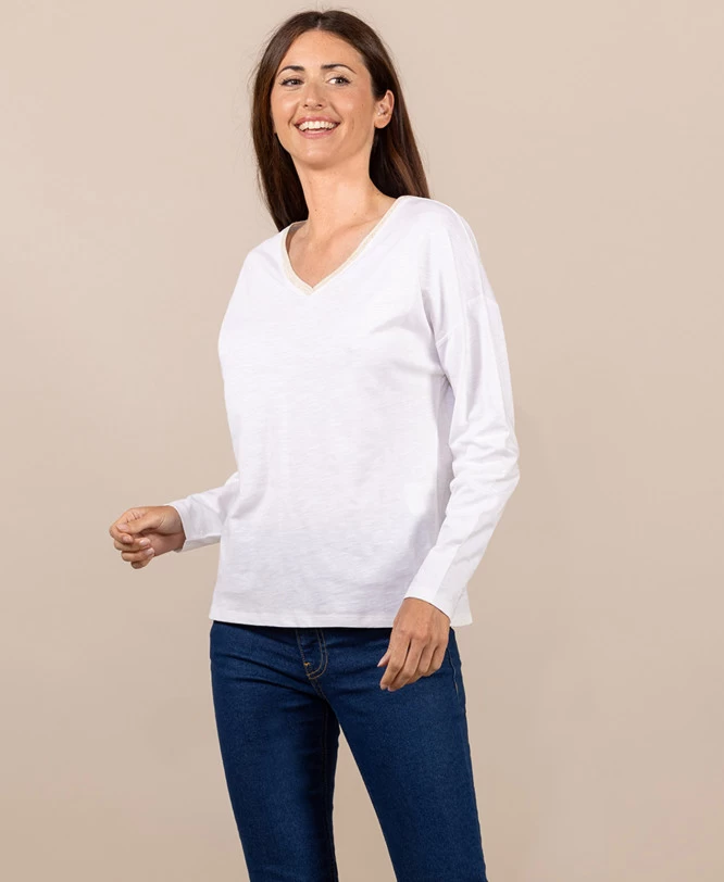 T-shirt Manches Longues Blanc Cassé Col V Femme 1 T-shirt Manches Longues Blanc Cassé Col V Femme