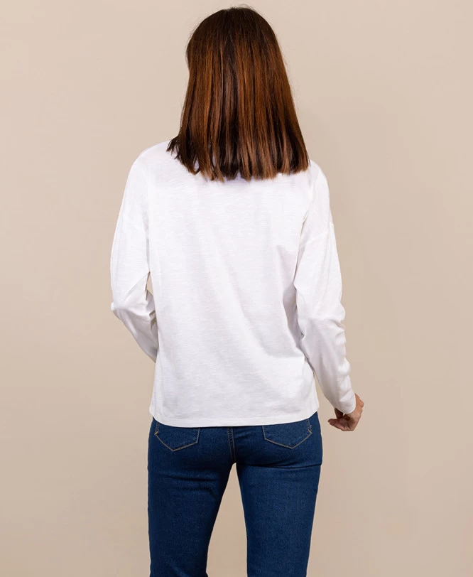 T-shirt Manches Longues Blanc Cassé Col V Femme 2 T-shirt Manches Longues Blanc Cassé Col V Femme – Image 2