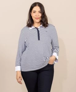Polo Rayé Manches Longues Blanc Femme