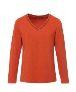 T-shirt Femme Rouge Brique Manches Longues Col V