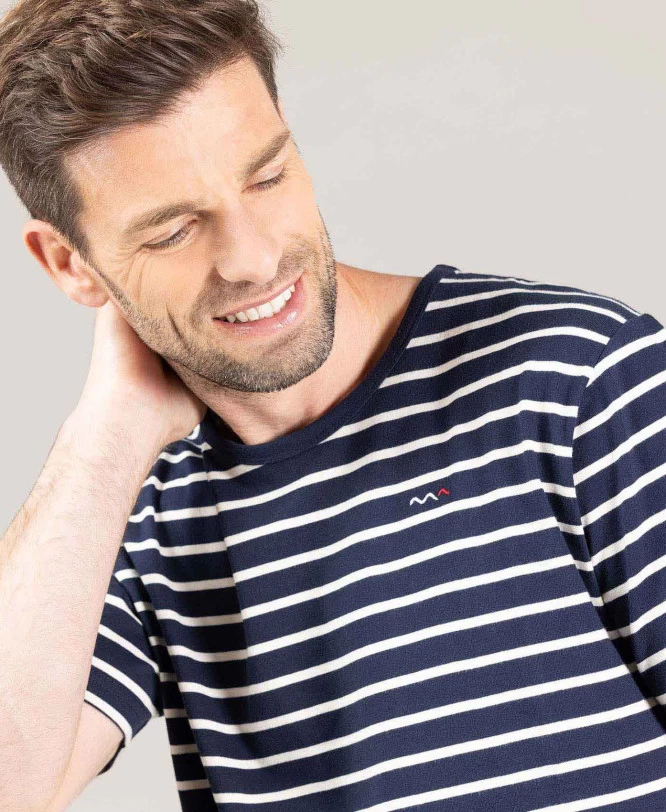 Marinière Homme Manches Courtes Fond Bleu Marine Rayé Grège 3 Marinière Homme Manches Courtes Fond Bleu Marine Rayé Grège – Image 3